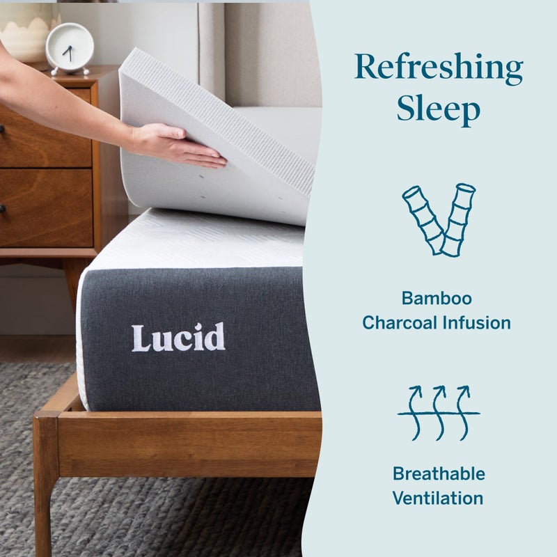 Lucid 2 Inch Ventilated Bamboo Charcoal Memory Foam Mattress Topper - Twin XL Mattress Topper - Image 2